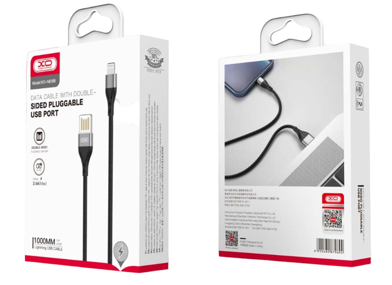 XO NB188 2.4A Διπλής Φοράς Φόρτιση USB Lightning 1m Γκρί - Image 2