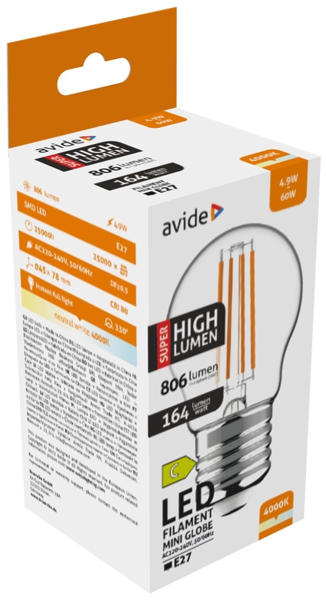 Avide LED Filament Σφαιρική 4.9W E27 Λευκό 4000K Super Υψηλής ...