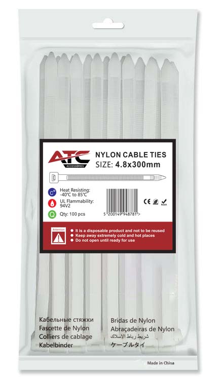 ATC Δεματικά 4.8x300mm Νάιλον Λευκά 100τμχ Σακουλάκι