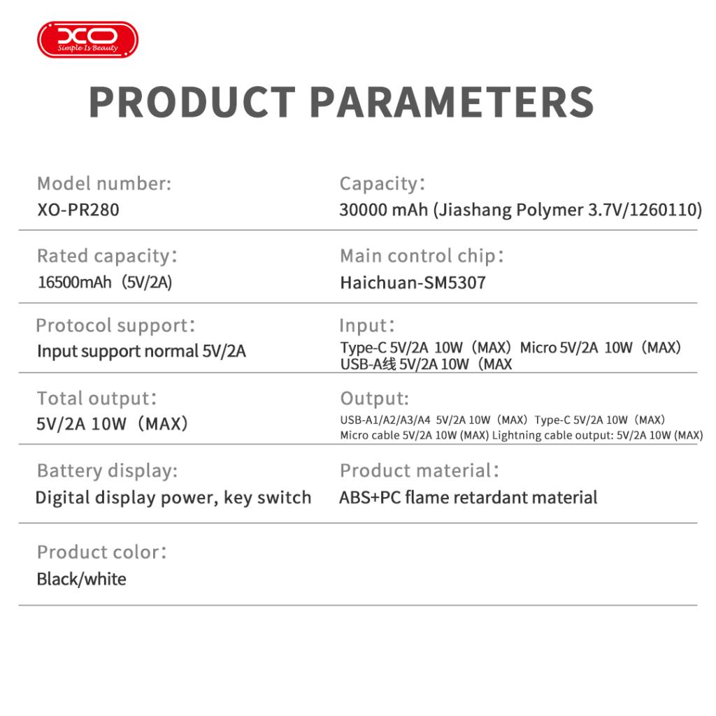 XO PR280 Powerbank με Καλώδια USB-A Type-C Micro & Lightning 30.000 mAh - Image 8