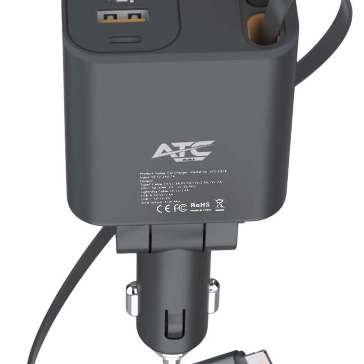 ATC-CA16 Φορτιστής Αυτοκινήτου 45W USB-A & Type-C με Επεκτεινόμενο Καλώδιο Lightning & Type-C