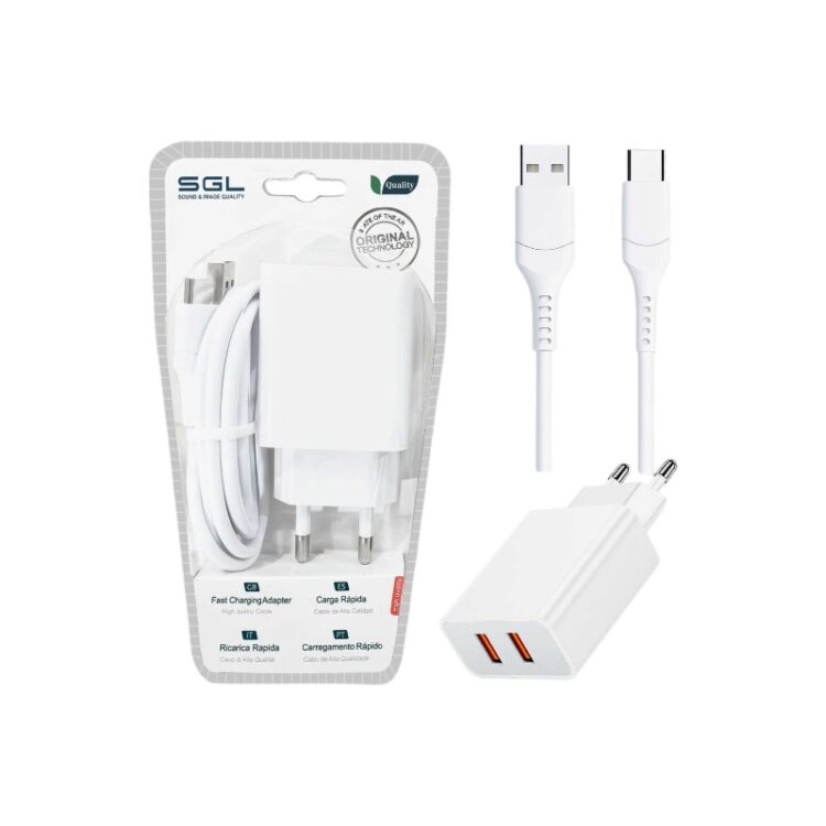 Αντάπτορας φόρτισης με καλώδιο και 2 θύρες USB - TypeC - Quick Charge - D1-S2 - 1m - 099576