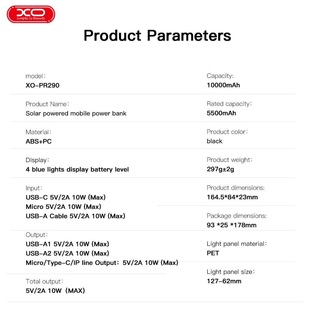 XO PR290 Solar Power Bank 10000mAh με 4 Eνσωματωμένα Καλώδια - Image 3
